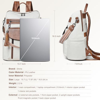 Shrrie Laptop Backpack for Women 15.6 inch,Travel Leather Backpack Purse Nurse Teacher Carry on Backpack Computer Bag,Professional Water-Resistant College Business Work Casual Daypack,Beige with Brown - color: Beige With Brown
