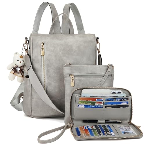 Soperwillton Women Fashion Backpack Purse Anti-Theft Leather Shoulder Bag Travel Multi Pockets Handbag Wallet Set 3pcs - color: Grey