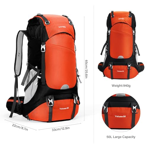 HOMIEE 50L Hiking Backpack Travel Bag Waterproof Camping Rucksack with Rain Cover Lightweight Backpacking Backpack - color: Orange