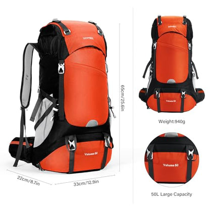 HOMIEE 50L Hiking Backpack Travel Bag Waterproof Camping Rucksack with Rain Cover Lightweight Backpacking Backpack - color: Orange