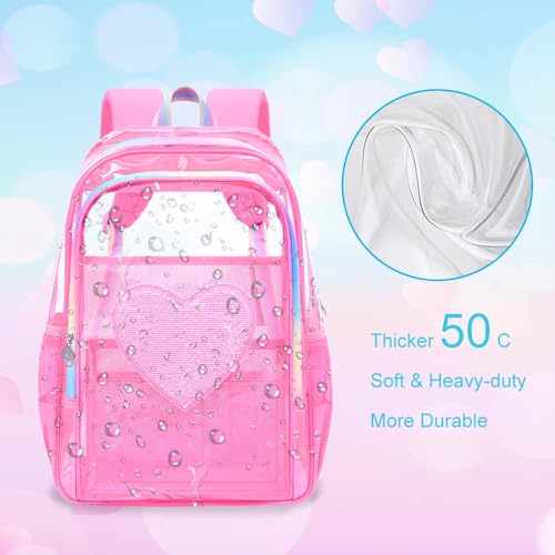 gxtvo 3PCS Clear Backpack Heavy-Duty Set for Women & Teen Girls, 17" Transparent Bookbag with Rainbow Strap, Rose Pink Sequins See Through School Bag - color: Rose Pink Sequins Clear Backpack Set