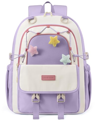 LOVEVOOK School Backpack for Teen Girls, Cute Lightweight Bookbag with Star Charm, Large Capacity Backpack Fits 15.6 Inch Laptop, Water Bottle Holder, Gift for Kids & Students - color: Lavender Dream, size: 15.6 Inch