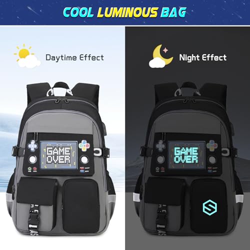 Scothen Boys Backpack, Cool Luminous School Backpacks for Boys with Lunch Bag Pencil Case, Kids Backpack Kindergarten Elementary Middle School Book Bags for Teen Boy Children with USB Charging Port - color: Gray