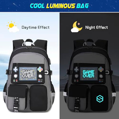 Scothen Boys Backpack, Cool Luminous School Backpacks for Boys with Lunch Bag Pencil Case, Kids Backpack Kindergarten Elementary Middle School Book Bags for Teen Boy Children with USB Charging Port - color: Gray