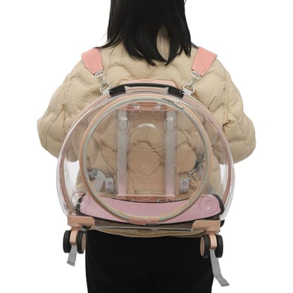 Pet Carrier with Wheels, Clear Cat Carrier Pet Trolley Case Pet Backpack with Multiple Ventilation Holes for Cats and Dogs, Pink - color: Pink Cat Carrier