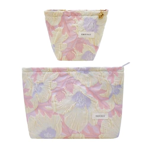 getgto 2 Pcs Makeup Bags, Large Cosmetic Bag Travel Toiletry Bag Organizer for Women, Embroidery Craft, Floral Makeup Bag Small Cosmetic Pouch Purse with Zipper Gifts for Girls Teen - color: B light pink