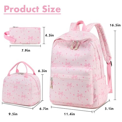 Bluboon School Backpack Set Girls Womens Laptop Bookbag Casual Daypack Fits 15 inch Laptop with Lunch Tote Bag and Pencil Bag - color: Pink Bow 219