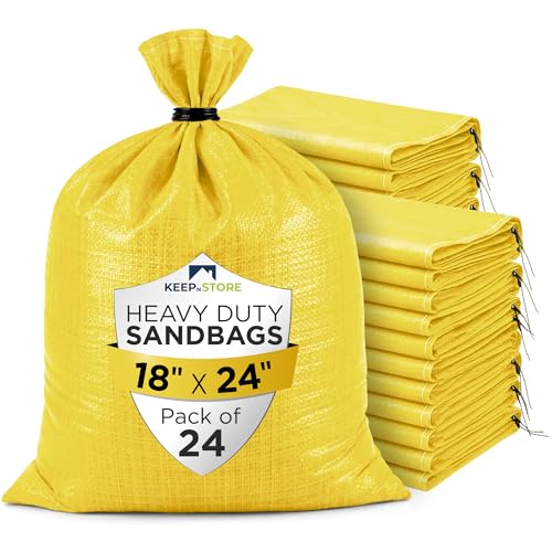 Heavy Duty Sand Bags Pack of 24, Bright Yellow Empty Sandbags with Built-In Ties, Woven Polypropylene UV Protection 1600 Hours, Fillable Bags for Flood Control, Weight, 18x24 inches, 60 Pounds Volume - size: 18"W x 24"L, style: Pack of 24