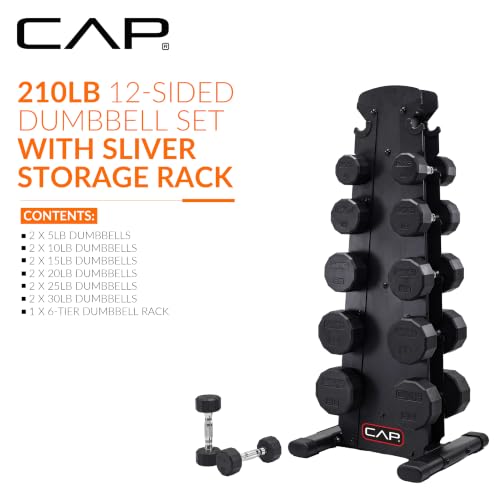 CAP Rubber Coated Hex Dumbbell Set with Storage Rack | 100–210 lb Options, Space-Saving Vertical Compact Storage for Home Gym Strength Training - size: 210 lb - Set - Black Rack, style: 12-Sided Chrome Handle