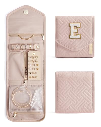 BAGSMART Travel Jewelry Organizer Case E Initial Foldable Jewelry Roll for Journey Rings, Necklaces, Earrings, Bracelets,Mini,Letter E,Soft Pink - color: Pink-E, size: Small