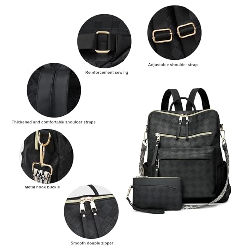 Makes Backpack Purse for Women PU Leather Travel Satchel Handbag Convertible Design Bag with Purse 2 Piece - color: Black Geometric