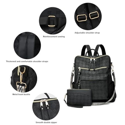 Makes Backpack Purse for Women PU Leather Travel Satchel Handbag Convertible Design Bag with Purse 2 Piece - color: Black Geometric