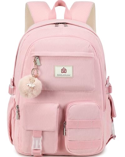 Hidds School Backpack for Teens Girls Women 15.6 Inch Laptop College Backpacks Corduroy Kids Bookbag Students Travel Daypack Womens (Pink) - color: Pink