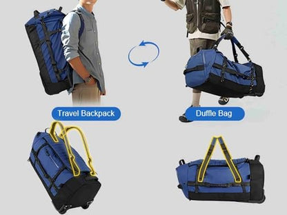 29" 86L Foldable Wheeled Duffle Bag, Waterproof Travel Rolling Backpack with Quilted Bottom, Navy - color: Navy