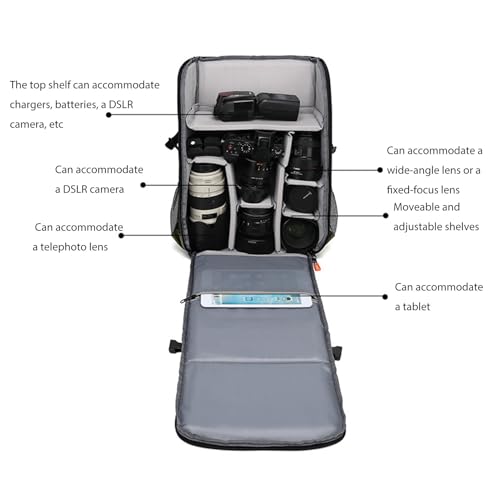 Asixxsix Outdoor Camera Backpack, Bag Professional for DSLR Mirrorless Camera Water Proof, Large Capacity Removable bag with Seven Removable Dividers and Several Pockets for Outdoor