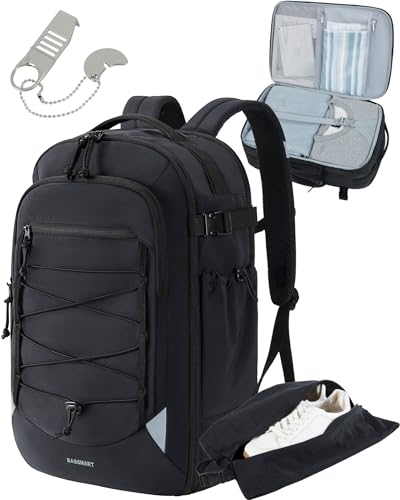 BAGSMART Carry On Travel Backpack, 17.3 Inch Large Travel backpack Carry On Flight Approved, Personal Item Backpack Travel Bag With Shoe Bag, 27L Water Resistant Casual Daypack, Black - color: Black, size: 17.3 Inch