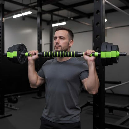 4-in-1 Adjustable Dumbbell Set, 44 lbs Weight Set Used as Dumbbell, Barbell, Kettlebell & Push up Stand, Multifunctional Home Gym Workout Equipment for Men & Women, Green