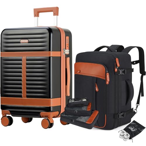 Lumesner 5 Piece Carry On Luggage Set With Travel Backpack & Packing Cubes - color: Black(20inch-5piece Set)
