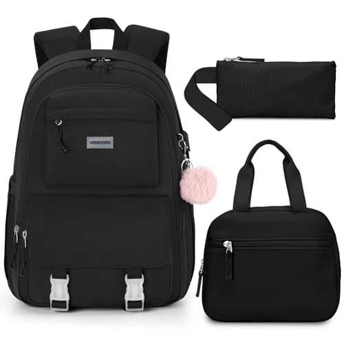 WINDARS School Backpacks for Girls Teens - 15.6 Inch College Backpack with USB Charger Lightweight Aesthetic Bookbag for High School Students Casual DaypacksTravel BackPack for Women Black 3 Pcs Set - color: 7-black 3pcs, size: 15.6 inch