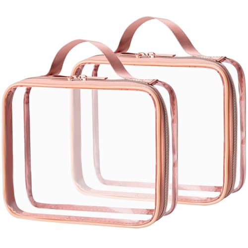 MODENGKONGJIAN TSA Approved Clear Toiletry Bag, 2 Pack Clear Quart Size Travel Makeup Cosmetic Bags with Handle Large Opening, Carry on Airport Airline Compliant Bag for Women Men (Gold) - color: ST-Gold (2Pack with handle+180° Open)