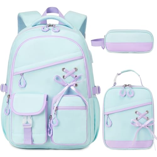 DIGOBAY Backpacks for Girls - 3PCS Girls Backpack with Lunch Box & Pencil Pouch School Backpacks for Elementary Middle High College School Bookbag for Teen Girl Kids Students Aquamarine-purple - color: Aquamarine-purple