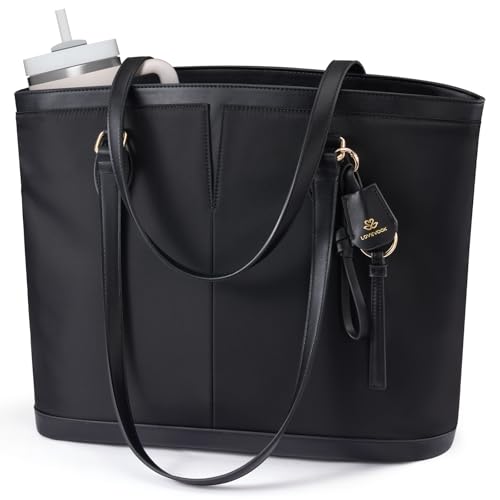 LOVEVOOK Laptop Tote Bag for Women, Lightweight Work Tote with Cup Holder, Waterproof Large Computer Bag for Office Travel - color: Black, size: 15.6Inch
