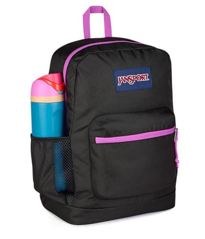 JanSport Cross Town Plus Backpack - Large Main Compartment, Side Water Bottle Pocket, 15-Inch Padded Laptop Sleeve - Color Blocked - Black - color: Color Blocked Black/Digital Fuchsia/D