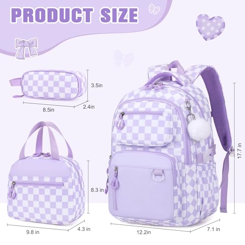 Bevalsa Backpack for Girls 3PCS Teen Girls Backpack for School with Lunch Bag Pencil Case Purple Cute Kids Laptop Backpacks Bookbag for Elementary Middle High School College Student (Checkerboard) - color: Purple Checkerboard