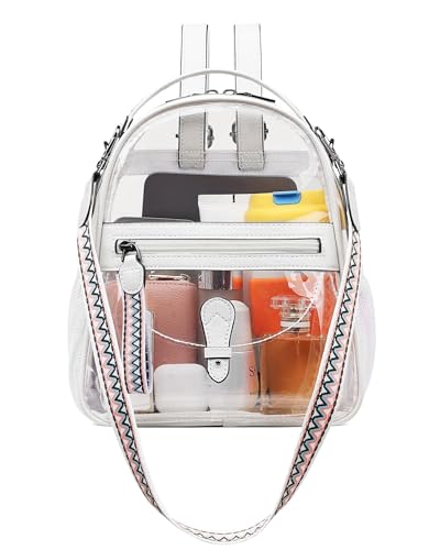 FADEON Clear Small Backpack Purse for Women, Designer Transparent Shoulder Handbag, PVC Mini Clear Bag for Stadium Approved - color: White Retro Style