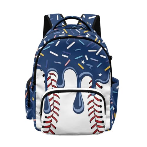 Suobstales Navy Blue Baseball Ice Cream Drip Print Kids Backpack for Girls Boys Elementary School Bookbag School Bag with Zippe Pocket Lightweight Rucksack Travel Daypack with Adjustable Straps - color: Navy Blue Baseball Ice Cream Drip