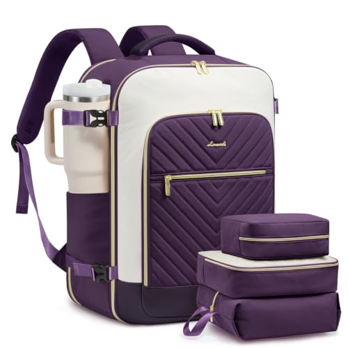 LOVEVOOK Large Travel Backpack for Women, TSA Carry on Backpack for Airplanes, 40L Personal Item Travel Bag for Women fits 17" Laptop,Waterproof Carry on Bag Airplane Approved with 3 Packing Cubes - color: Dark Purple, size: 40L-4Pcs