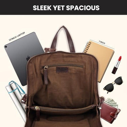 12.5 Inch Genuine Leather Backpack for Women and Men, Brown Leather Backpack with Adjustable Shoulder Strap - color: Brown
