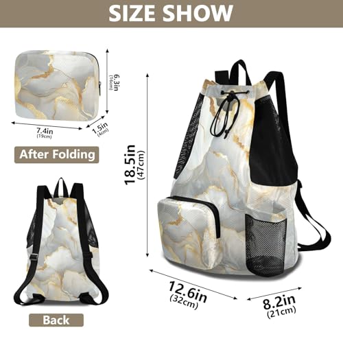 Drawstring Beach Bags Sports Gym Bag With Water Bottle Pocket String Back Pack Wet and Dry Separation Marble White Neutral - color: Color 12