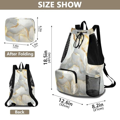 Drawstring Beach Bags Sports Gym Bag With Water Bottle Pocket String Back Pack Wet and Dry Separation Marble White Neutral - color: Color 12