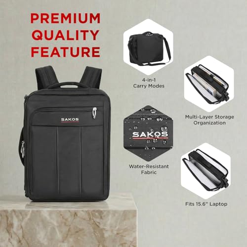 SAKOS Flash 3 in 1 Laptop Bag, 15.6 Inch Convertible Messenger, Shoulder Bag & Backpack, Water Repellent Travel Bag, Professional Work Bag for Men & Women, Briefcase with Laptop Compartment - Black - color: 5. Flash - Black