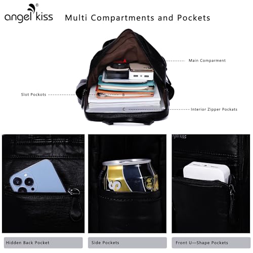 Angel Kiss Backpack Purse for Women Soft Washed Leather Multi Pocket Casual Travel Backpacks… - color: Black