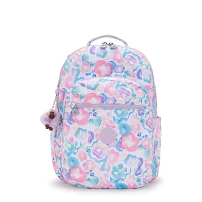 Kipling Women's Seoul Extra Large 17" Laptop Backpack, Durable, Roomy with Padded Shoulder Straps, Built-In Protective Sleeve - color: Aqua Flowers, size: 13.5''L x 17.75''H x 9''D