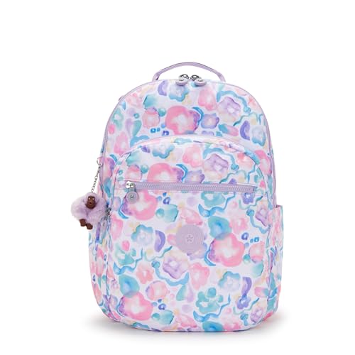 Kipling Women's Seoul Extra Large 17" Laptop Backpack, Durable, Roomy with Padded Shoulder Straps, Built-In Protective Sleeve - color: Aqua Flowers, size: 13.5''L x 17.75''H x 9''D