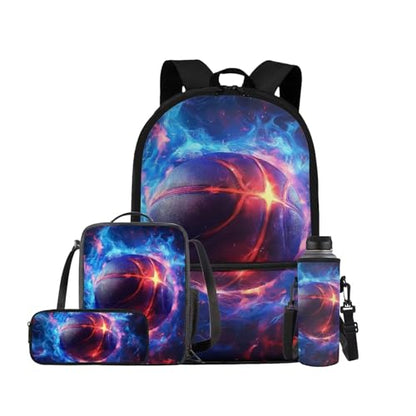Fire Basketball Backpack for School Boys Backpack with Lunch Box Water Bottle Carrier with Strap and Soft Pencil Case 4PCS Set Bookbag with Front Pocket 17 inch Sturdy School Bag for Kids - color: Fire Basketball-1