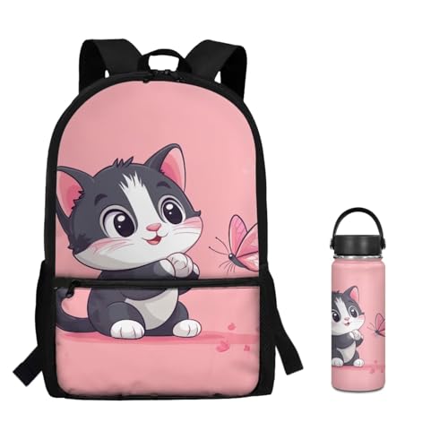ZOUTAIRONG School Bags for Girls Boys 7-10/10-12/12-16, Insulated Water Bottle for Ho t& Cold Drinks, Pink Butterfly Cat Casual Backpack with Side Pockets - color: Pink Butterfly Cat