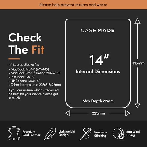 Casemade Real Leather Laptop Sleeve for MacBook Pro & Air Fits 13, 14, 15 & 16 Inch - Genuine Full Grain Leather with Soft Wool Lining (14-inch Pro M1/M2/M3/M4/M5) - color: Tan, size: 14" Pro M1-M5