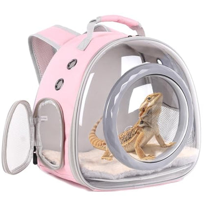 WEVONIGU Bearded Dragon Backpack Carrier with Clear Bubble Dome Window Large Space & Breathable Travel Cage with Soft Mat Airline Approved - color: Pink, size: Backpack