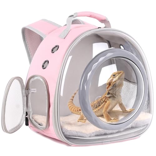 WEVONIGU Bearded Dragon Backpack Carrier with Clear Bubble Dome Window Large Space & Breathable Travel Cage with Soft Mat Airline Approved - color: Pink, size: Backpack