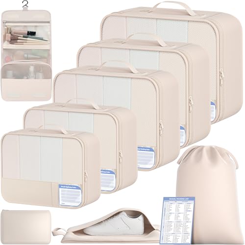 BAGAIL 9 Set Packing Cubes with Packing List Luggage Packing Organizers for Travel Accessories (Cream) - color: Cream