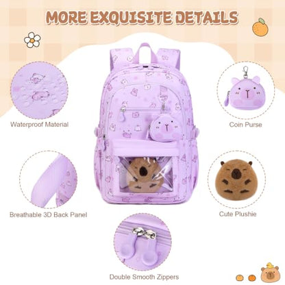Capybara Theme Backpack for School Girls, 35PCS Kids Backpack Set with School Supplies Stationery Kit Lunch Box Pencil Case, Cute Girls Bookbag for Kindergarten Elementary Student - color: Purple