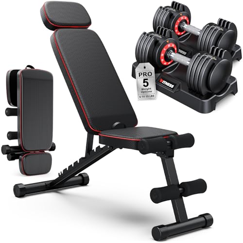Adjustable Dumbbells Set of 2, 1 Hand Adjustable Weights Dumbbell Set and Workout Bench, 25/55/80lb Pair Weight Set For Home Gym Suit both Men and Women, Compact for Small Space Apartment Room - color: Pro-25lbs-Knurled handle Dumbbells+Bench
