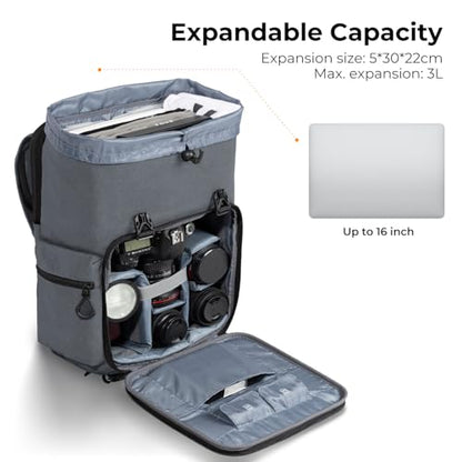 K&F CONCEPT Camera Backpack, Hard Shell Camera Bag, Large Capacity Photography Backpack with 15.6" Laptop Compartment & Tripod Holder & Rain Cover - color: Grey