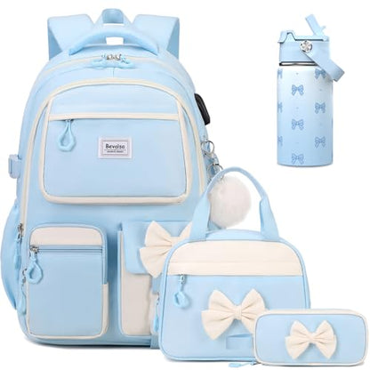 Bevalsa Backpack for Girls, Bow Bookpack with 14oz Insulated Water Bottle, Lunch Bag & Pen Case, Schoolbag for Kids & BPA-FREE Stainless Steel Metal Cup for Elementary Middle Student (Blue) - color: Blue