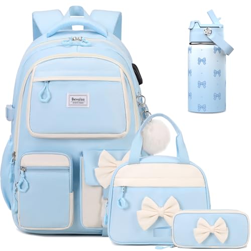 Bevalsa Backpack for Girls, Bow Bookpack with 14oz Insulated Water Bottle, Lunch Bag & Pen Case, Schoolbag for Kids & BPA-FREE Stainless Steel Metal Cup for Elementary Middle Student (Blue) - color: Blue