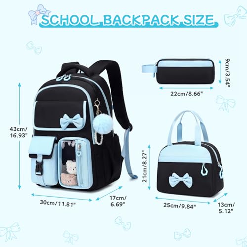 Girls Backpack, School Backpack for Girls, Cute Bow Kids Bookbag for Grils Children Teens for Elementary Middle High School Student, Back To School, Black Blue 3pcs - color: Black Blue-3pcs